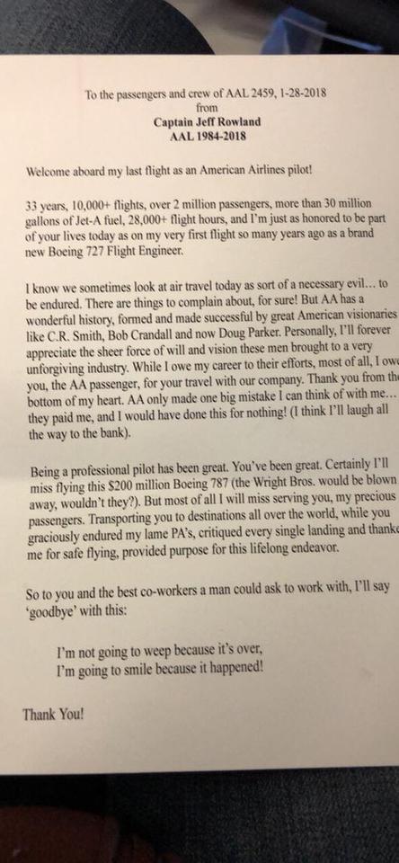 Пилот написал пассажирам о том, что это его последний полёт. Тут стоило бы испугаться, но нет