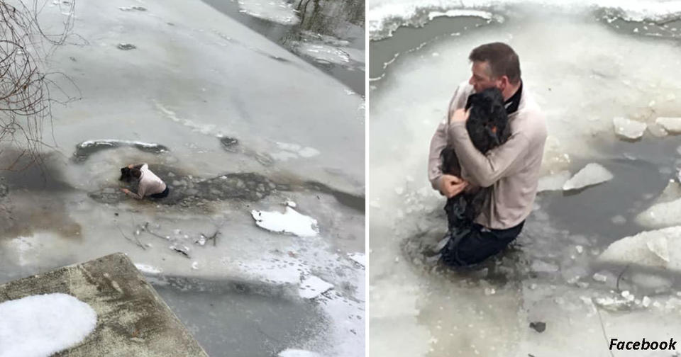 Мужчина прыгнул в ледяную воду, чтобы спасти утопающего пса